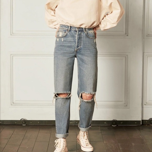 NWT BOYISH Toby High Rise Relaxed Fit Distressed Jeans | Sz 27 | Medium Indigo - Picture 1 of 14